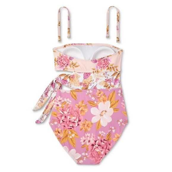 Kona Sol Large 12-14 Pink Garden Floral Side Tie Full Coverage 1 Piece Swimsuit - Picture 4 of 7